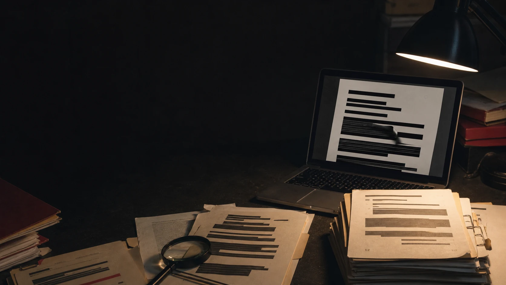 A dark desk with printed records and a laptop displaying a PDF