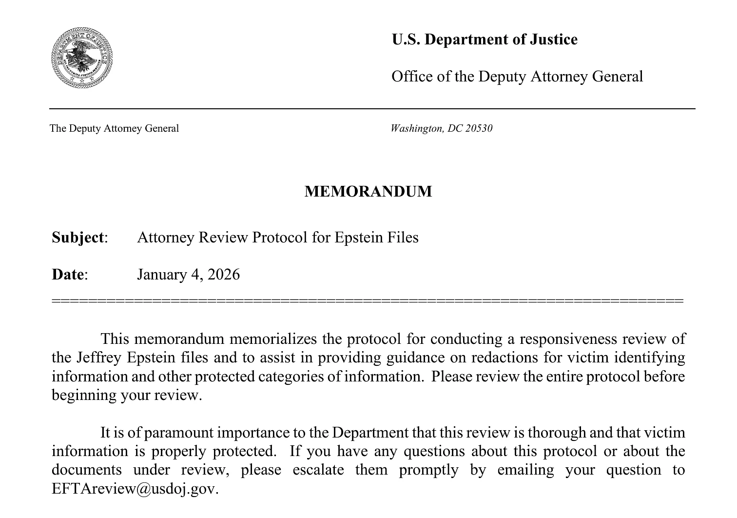 L'intestazione del memorandum del Protocollo di revisione dell'avvocato del DOJ, datato 4 gennaio 2026